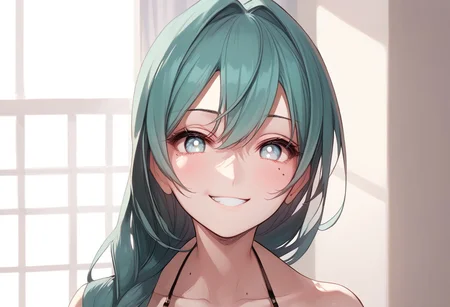 abbystea style, (score_9, score_8_up, score_7_up, highest score, best quality:1.2), zPDXL3, good_hands, hi-res. 8k,  1girl, green hair, long hair, giant breasts, white eyes, mole under eye, BREAK  white dress, revealing clothing, smirk BREAK incoming punch  BREAK  dramatic lighting, indoors, perfect hands, perfect eyes, (high quality:1.1), (ultra detailed:1.1), Expressiveh, mature woman