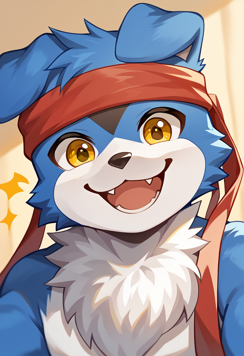 high res, best quality, gaomon_digimon, furry, headband, solo, 1boy, cute, happy, smiling, yellow eyes, looking at viewer, <lora:Gaomon_Digimon:1>