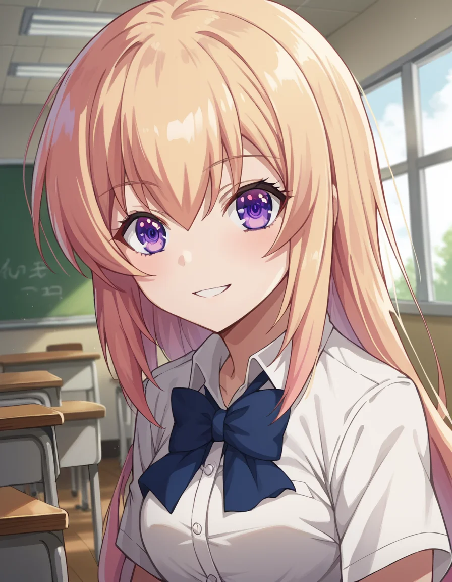 score_9, score_8_up, score_7_up, source_anime,
honamiichinose, <lora:honami-ichinose-s2-ponyxl-lora-nochekaiser:1>
honami ichinose, long hair, blonde hair, purple eyes, hair between eyes,
skirt, bow, school uniform, pleated skirt, bowtie, blue bow, red skirt, collared shirt, white shirt, short sleeves,
indoors, classroom, smile,
looking at viewer, dutch angle, cowboy shot