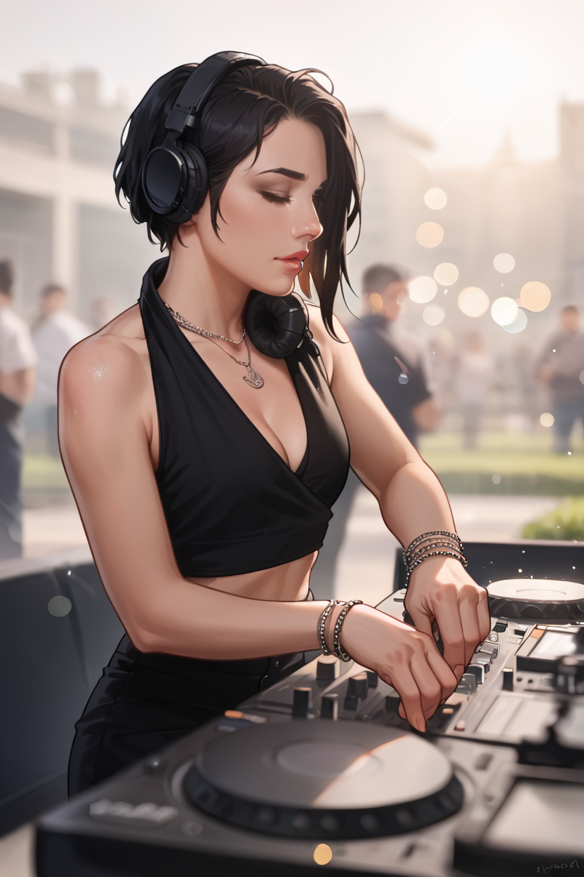 score_9, score_8_up, score_7_up,dim light, (lens flare:.4), (cinematic bokeh:1.6),(shallow depth of field:1.4), Chiaroscuro Lighting Style, crowded night club, dim light,
3dmdj, 1girl, solo, black hair, jewelry, headphones, bracelet, black hair, necklace <lora:DJ_3dmdj_pony_CR1:0.85>