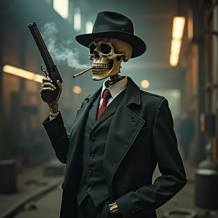 A skeleton wearing a 1920's trenchcoat, suit and tie, fedora hat, great depression vibes, holding a gun, smoking a cigarette, abandoned factory background, looking at viewer, masterpiece, 4k, highly detailed, best quality,