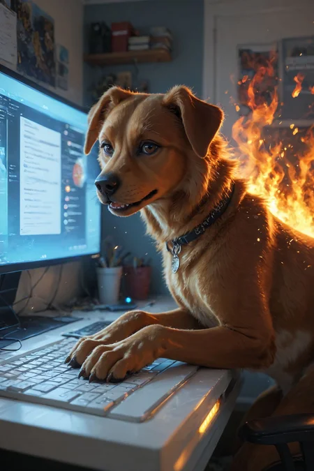 looking at viewer,detailed background,Cinematic Lighting,film grain,score_9,score_8_up,score_7_up,masterpiece,best quality,highly detailed,
<lora:(增强)sdxl_lightning_8step_lora:1>,<lora:glowneon_xl_v1:1>,glowing,<lora:Expressive_H:0.8>,Expressiveh,<lora:th3rm4lXLP:0.4>,th3rm4l,colorful,
realistic,computer,no humans,keyboard (computer),monitor,english text,dog,fire,speech bubble,animal,indoors,keyboard \(computer\),
