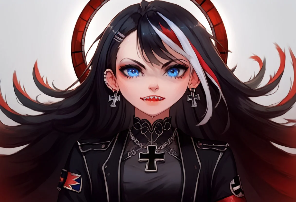score_9, score_8_up, best quality, seraziel, Black Hair, Long hair, Streaked Hair, Multicolored Hair, Blue Eyes, 1girl, very aesthetic, masterpiece, 8k, black dress, deutschland, iron blood \(emblem\), military clothes, german jacket, goth, iron cross, cross earrings, iron cross earrings, sharp teeth, background halo, five fingers, perfect hands, ultra-detailed, aesthetic, illustration, intricate details, absurdres, (hires textures: 1.4), (best quality, high detail:1.4), (incredibly detailed:1.4), vivid colors, detailed face, (gorgeous lips: 0.2), perfect skin, perfecteyes, solo, (atletic body:0.9)