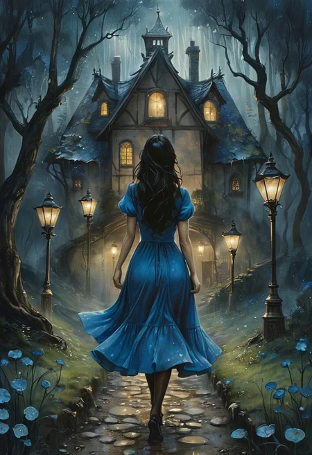 (water-colored), illustration, style of Jessica Galbreth,
(far view, far shot, rear view, facing away:1.3),
(Alice, woman walking on a trail, very long dark brown hair, hair rim lighting, hair in the wind, blue maid dress with short sleeves, black tights, black shoes:1.5),
fog, dreamy, dream,
(at night, forest, raining, heavy rain, rain drop), (huge fantasy house, street lamps:1.6)