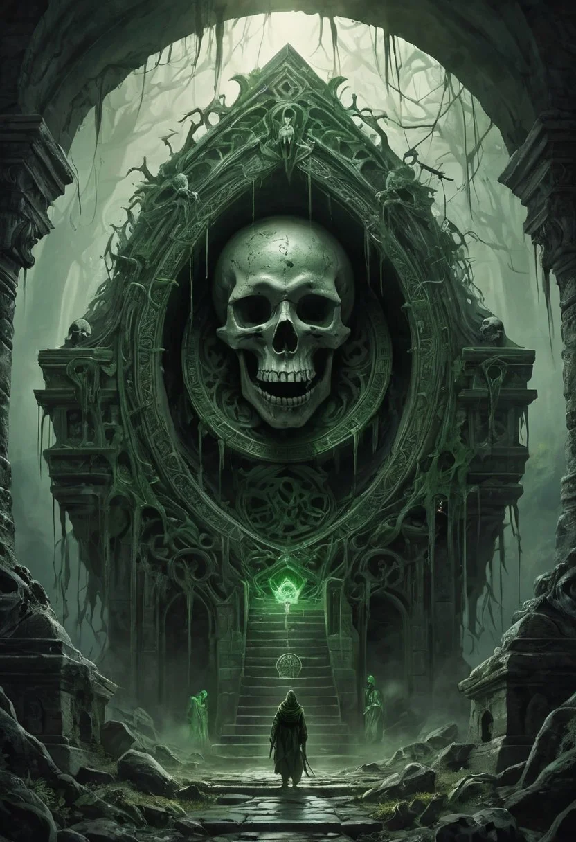 Draw an image in the genre of Dark and Epic Fantasy. Visualize a subterranean maze-like tomb surrounded by ominous shadows and archaic traps. In the heart of this tomb floats a sinister skull with radiant, jewel-set eye sockets, known a demilich. This skull is encircled by a veil of dust and faint spectral figures, creating an atmosphere of foreboding. The tomb's walls are adorned with the skeletal remains of previous explorers, and the environment is saturated with a peculiar, ethereal, green radiance. A diverse group of adventurers, male and female, Caucasian, East Asian, African, and Hispanic, stealthily advance with expressions blending resolve and trepidation. The demilich stands on the verge of releasing a devastating scream capable of shattering souls. The scene exudes an overwhelming sense of looming catastrophe and a primeval, malign power.