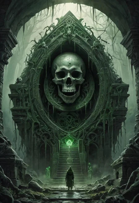 Draw an image in the genre of Dark and Epic Fantasy. Visualize a subterranean maze-like tomb surrounded by ominous shadows and archaic traps. In the heart of this tomb floats a sinister skull with radiant, jewel-set eye sockets, known a demilich. This skull is encircled by a veil of dust and faint spectral figures, creating an atmosphere of foreboding. The tomb's walls are adorned with the skeletal remains of previous explorers, and the environment is saturated with a peculiar, ethereal, green radiance. A diverse group of adventurers, male and female, Caucasian, East Asian, African, and Hispanic, stealthily advance with expressions blending resolve and trepidation. The demilich stands on the verge of releasing a devastating scream capable of shattering souls. The scene exudes an overwhelming sense of looming catastrophe and a primeval, malign power.
