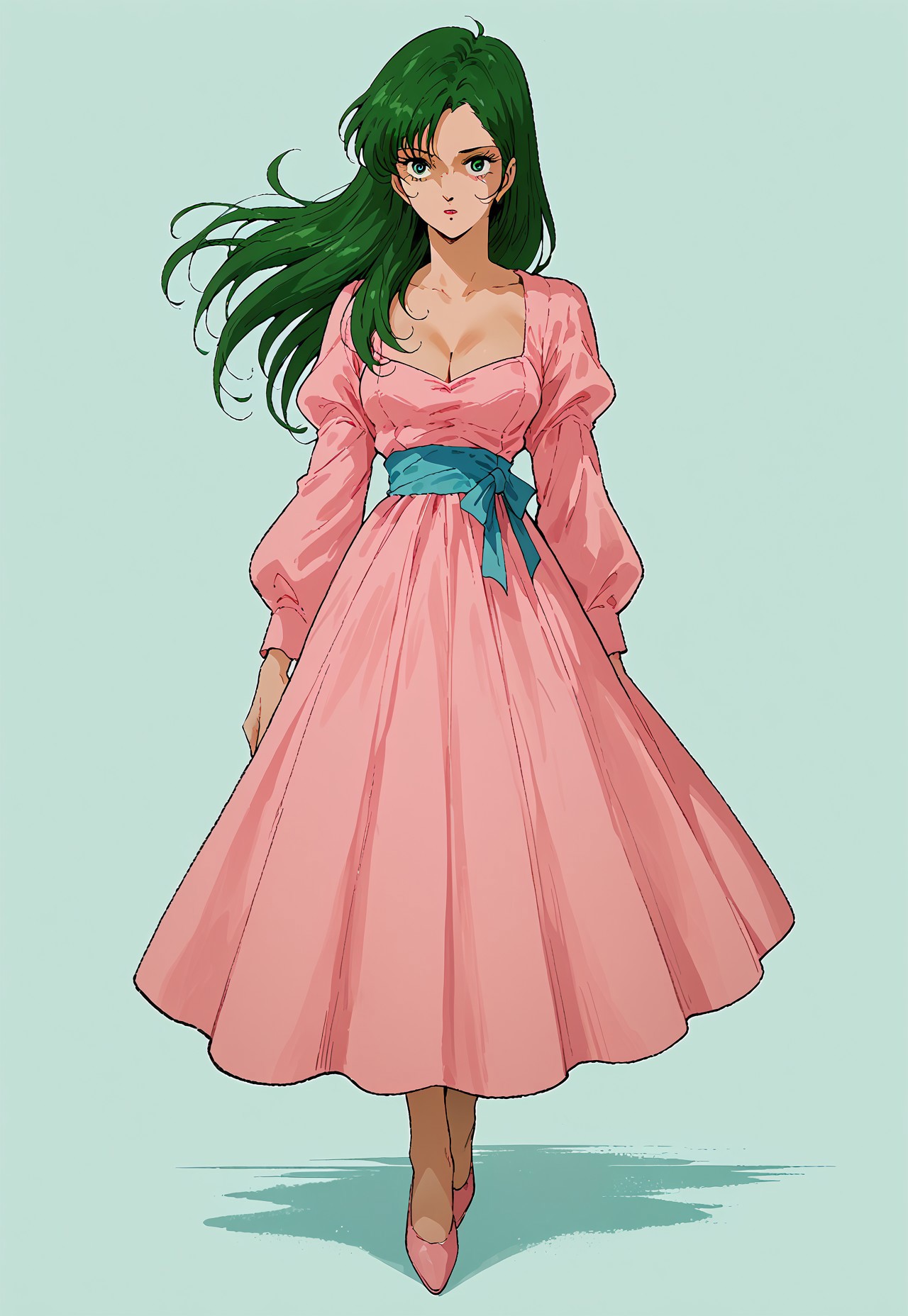 safe_pos, score_9, score_8_up, score_7_up, 1girl, solo, Miriya, green hair, green eyes, full body, pink dress, long hair, retro style, cleavage, ribbon, blue waist ribbon, dress,