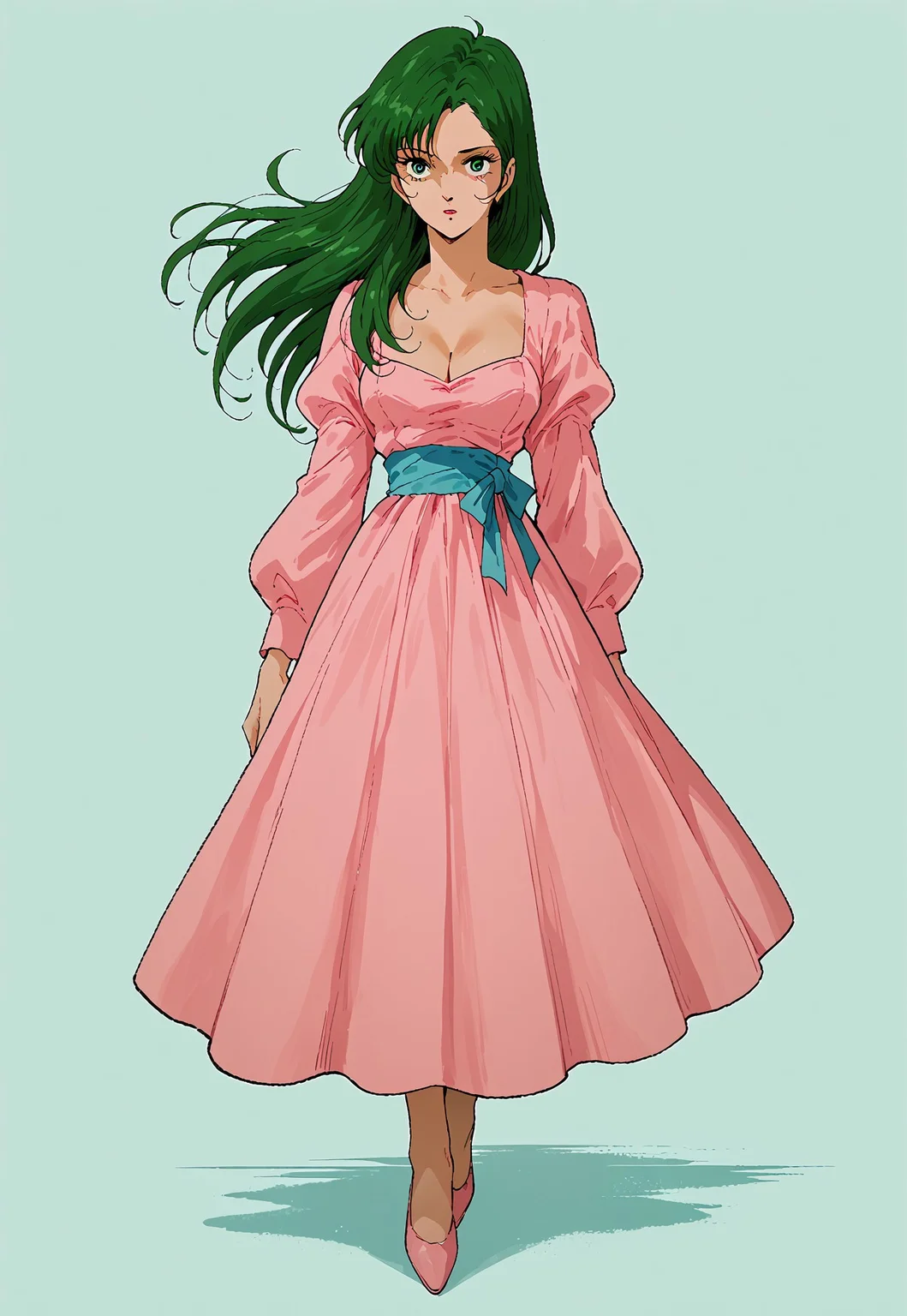 safe_pos, score_9, score_8_up, score_7_up, 1girl, solo, Miriya, green hair, green eyes, full body, pink dress, long hair, retro style, cleavage, ribbon, blue waist ribbon, dress,