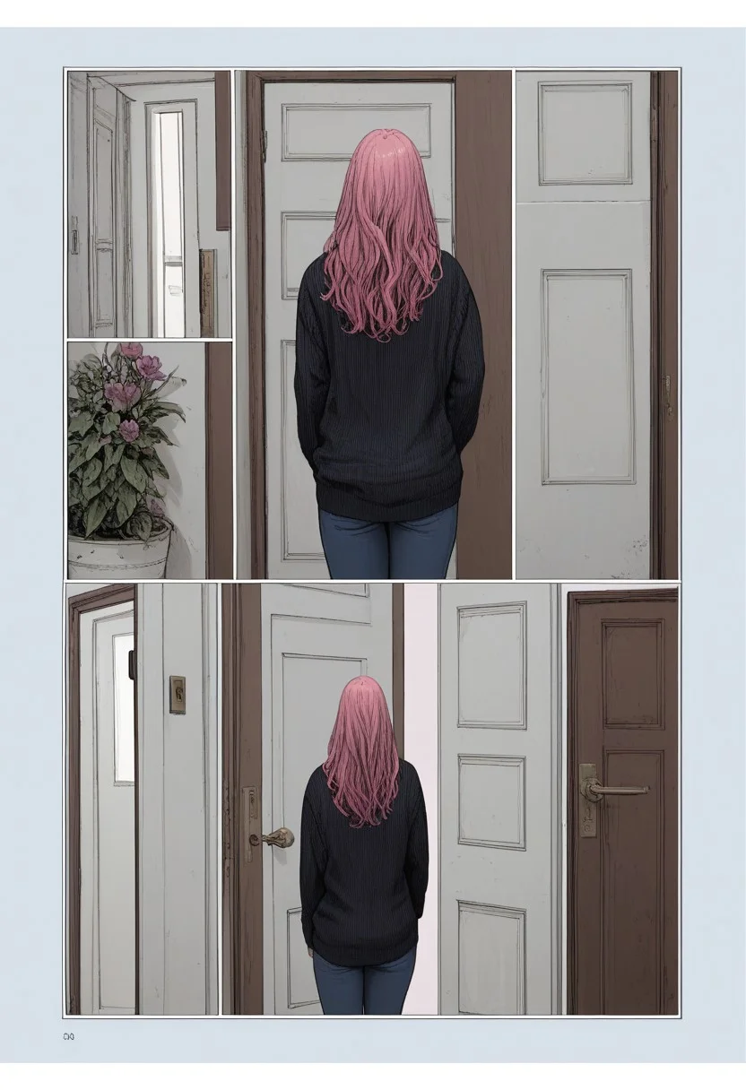 zPDXL3, karmen, comic, 1girl, pink hair, long hair, sweater, door, plant