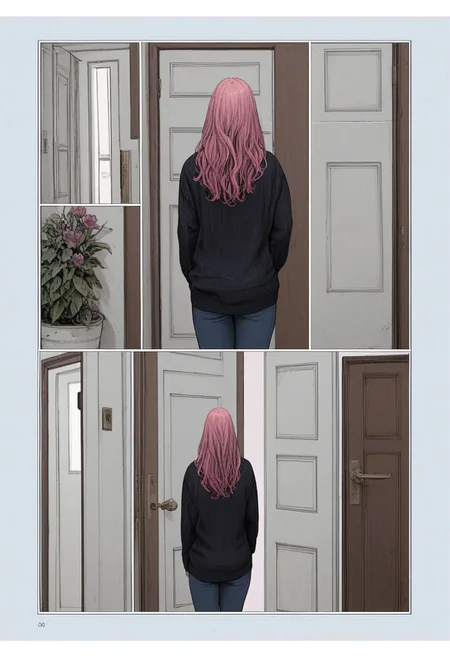 zPDXL3, karmen, comic, 1girl, pink hair, long hair, sweater, door, plant