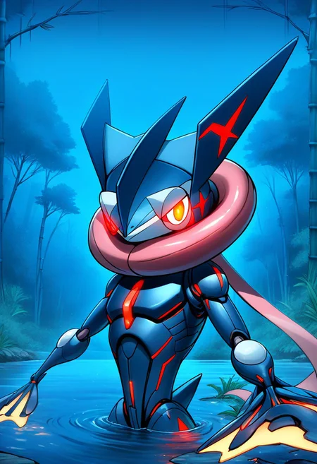 score_9, score_8_up, score_7_up, score_6_up, score_5_up, score_4_up, source_cartoon, rating_safe, [by saltyxodium: by sepiruth]:0.75, cartoon \(style\), high-definition, masterpiece, best-quality, 4k, 2k, aburdres, perfect shadows, sharp focus, bokeh, extremely detailed CG unity 8k wallpaper, upper body, solo, feral, pokemon \(creature\), Greninja, orange eyes, glowing eyes, battle stance, outdoors, night, bamboo forest, lake, water, neon, LCD, illumination, metallic sheen, cybernetic, hard light wings, Expressiveh, mcnm