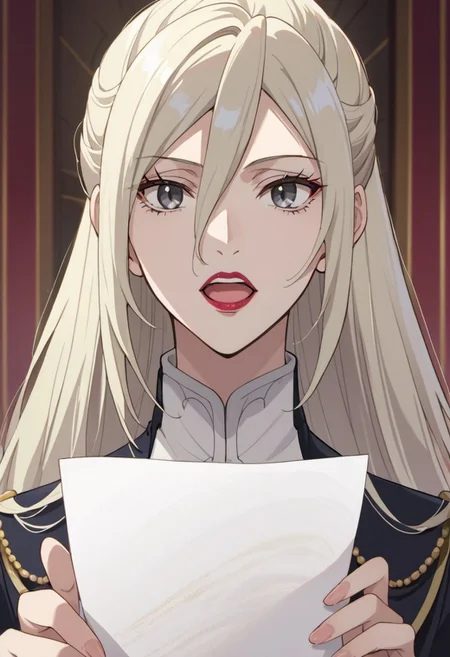 score_9, score_8_up, score_7_up, source_anime, elynsia teos rave, long hair, light blonde hair, grey eyes, anime coloring, 1girl, solo, open mouth, lipstick, holding paper, paper, looking at viewer, makeup, hair between eyes
