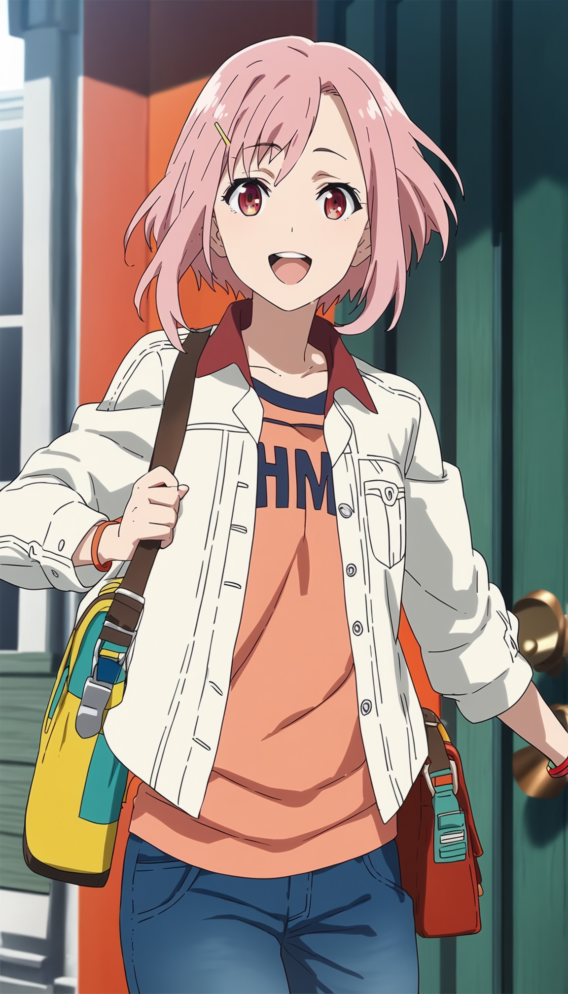 score_9,score_8_up,score_7_up,
<lora:yoshinokoharu:0.9>,yoshinokoharu,
1girl,solo,pink hair,short hair,bouncing hair,bangs,
red eyes,looking at viewer,open mouth,teeth,happy,
white jacket,open jacket,orange tank top,carrying a single-strap shoulder bag,
portrait,front view,face focus,
outdoors,morning,summer,green door,wall,house,lamp,
