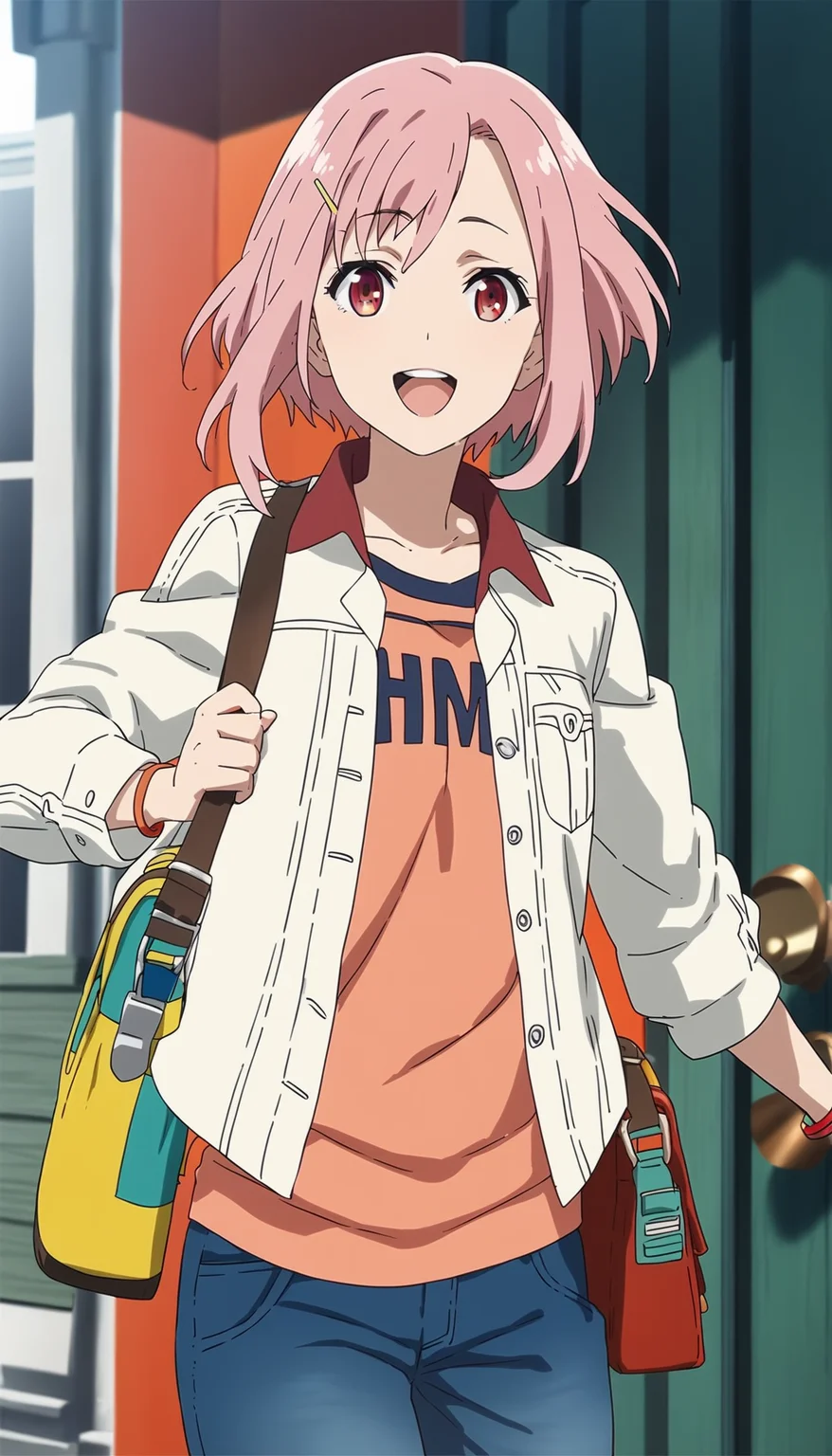score_9,score_8_up,score_7_up,
<lora:yoshinokoharu:0.9>,yoshinokoharu,
1girl,solo,pink hair,short hair,bouncing hair,bangs,
red eyes,looking at viewer,open mouth,teeth,happy,
white jacket,open jacket,orange tank top,carrying a single-strap shoulder bag,
portrait,front view,face focus,
outdoors,morning,summer,green door,wall,house,lamp,