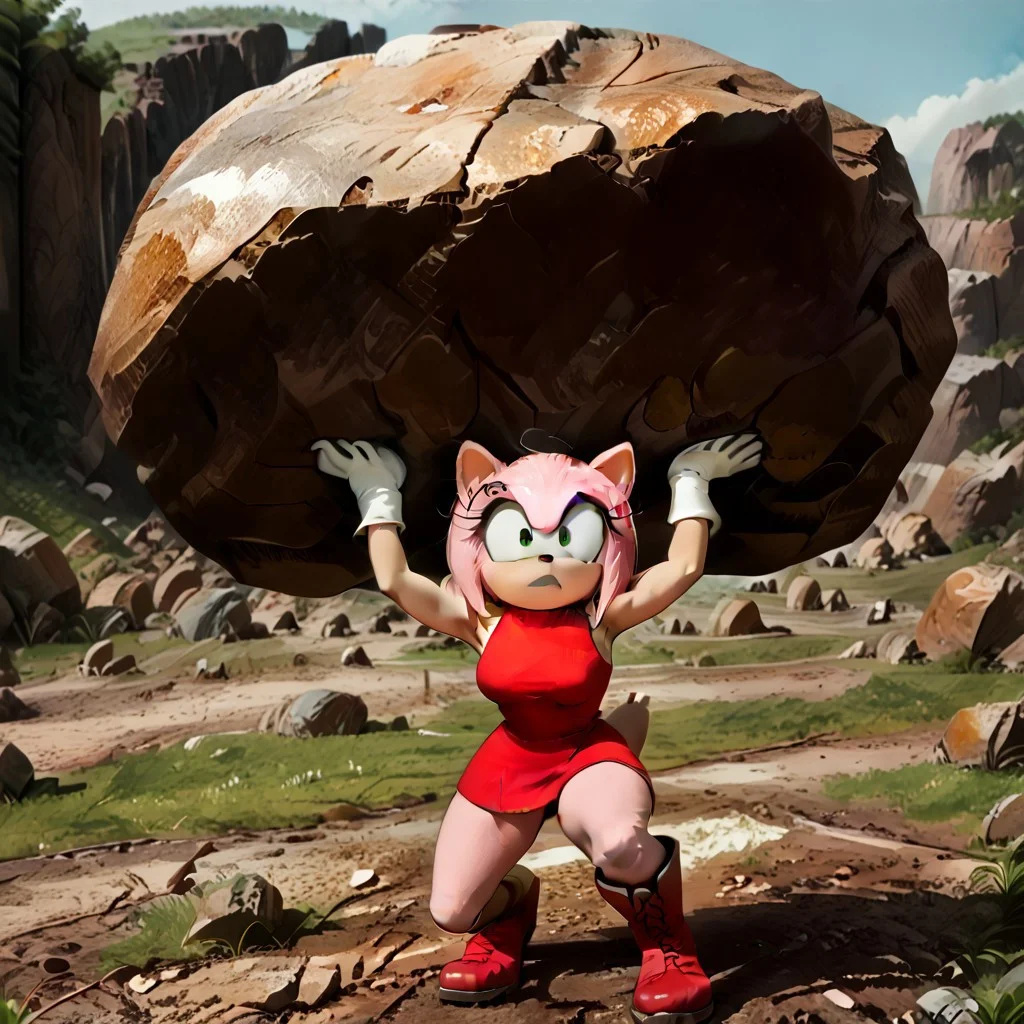 1 girl,Amy Rose, furry, furry female, short hair, pink hair, green eyes, wide hips, big breast,
pink fur, short hair,animal ears, white gloves, animal nose,
red dress, knee boots, red footwear, short dress,bare shoulders, ,long shot, girl lifting giant rock,holding giant rock, arms flexed, giant rock, arms raised, crouching, rocky field, pink sky,