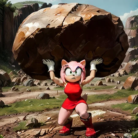 1 girl,Amy Rose, furry, furry female, short hair, pink hair, green eyes, wide hips, big breast,
pink fur, short hair,animal ears, white gloves, animal nose,
red dress, knee boots, red footwear, short dress,bare shoulders, ,long shot, girl lifting giant rock,holding giant rock, arms flexed, giant rock, arms raised, crouching, rocky field, pink sky,