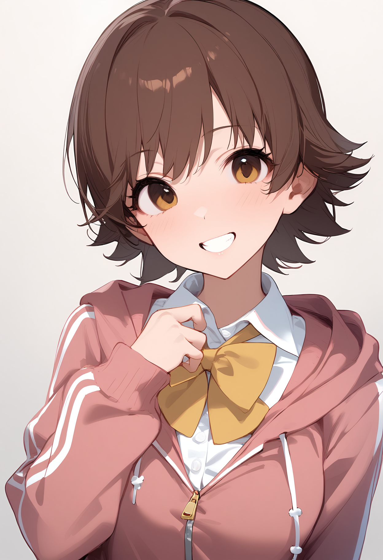1girl,blush,collared shirt,honda mio,hooded track jacket,long sleeves,pink jacket,school uniform,solo,upper body,white shirt,looking at viewer,yellow bowtie,hood down,pink hoodie,dress shirt,grin,hooded jacket,simple background,teeth,<lora:a31_char_new_honda_mio-000012:1>masterpiece, best quality, absurdres<lora:a31_style_koni-000010:0.8>