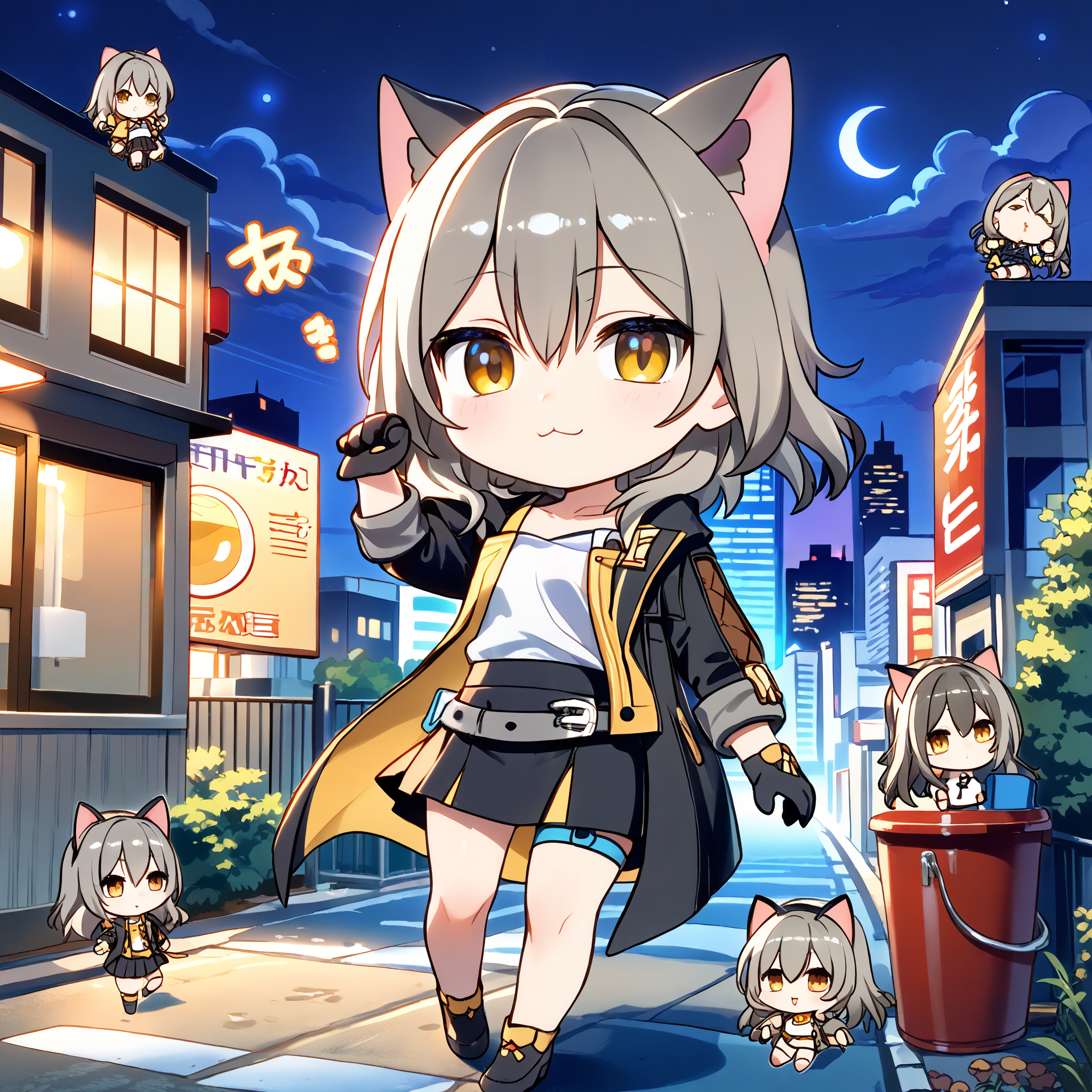 score_9, score_8_up, score_7_up, score_6_up, score_5_up, score_4_up, BREAK source_anime, look at viewer, rating_safe, 1girl, solo, outdoors, city, trash can, night, masterpiece, best quality, high detailed skin,  stelle \(honkai: star rail\), stelle def, medium hair, grey hair, yellow eyes, black jacket, open jacket, jacket, coat, white shirt, black gloves, miniskirt, black skirt, thigh strap, (chibi:1.8), (cute:1.8), (kawai:1.8), cat ears, cat tail, catface, :3, full body, happy,