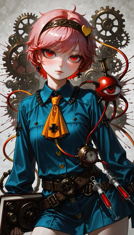 (AGM-Illu, best quality, abstract, steampunk, science_fiction, photoshop_(medium), original, traditional_media, ink_splatter, blood_splatter, splatter_background, bokeh, HDR, contrapposto, dutch angle, depth of field)
((touhou komeiji_satori 1girl adapted_costume ascot belt belt_buckle blood blue_shirt blush book bottle brown_belt brown_hairband buckle cross earrings eyelashes gears hair_ornament hairband heart heart_earrings heart_hair_ornament holding holding_book iron_cross jewelry long_sleeves looking_at_viewer orange_ascot parted_lips pink_hair red_eyes shirt short_hair solo steampunk syringe tube upper_body water))