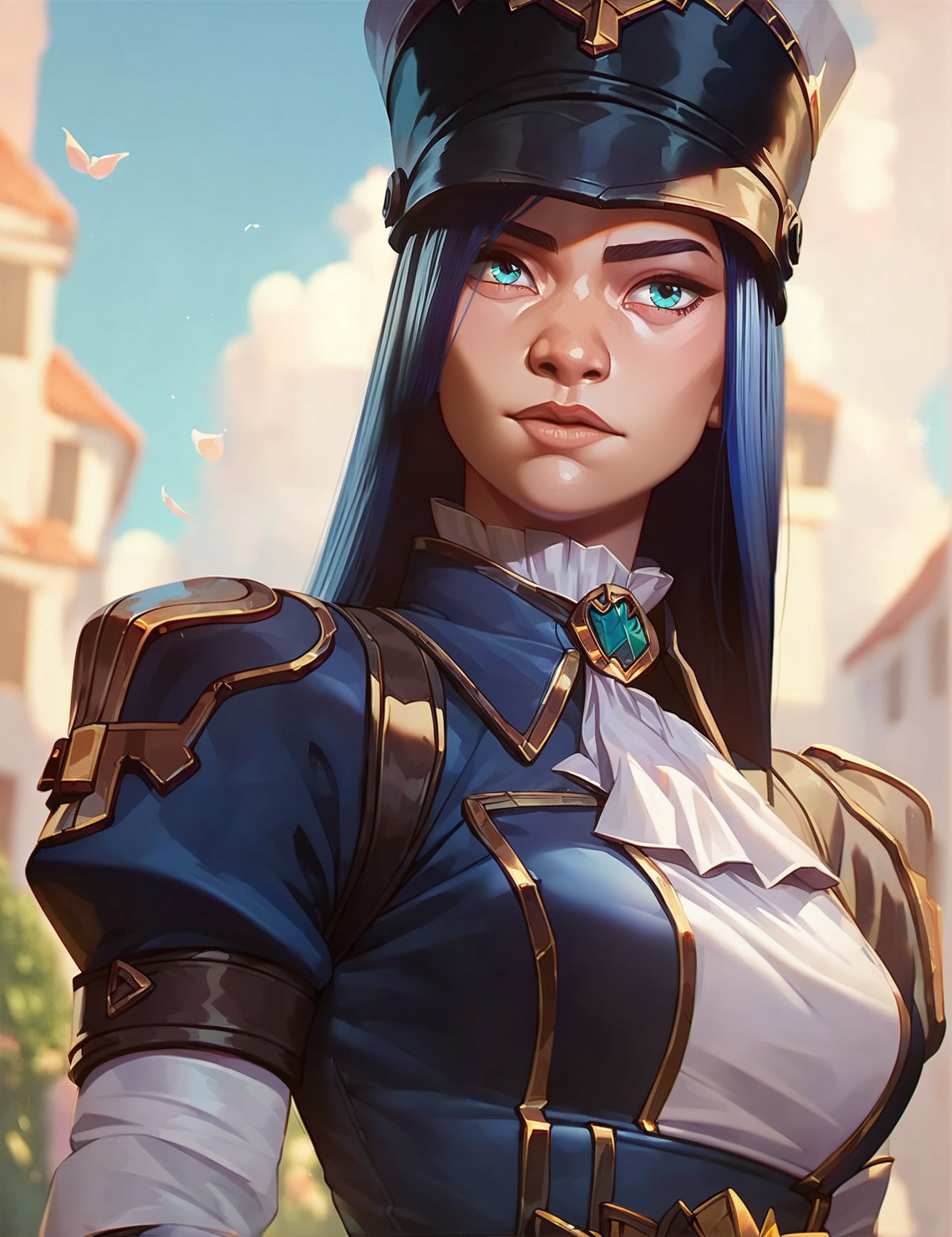 cat_k, <lora:caitlyn:0.7>, 1girl, blue hair, long hair,uniform, cap, sleeves, gloves,  looking at viewer,  score_9, score_8_up, score_7_up,score_9, score_8_up, score_7_up,