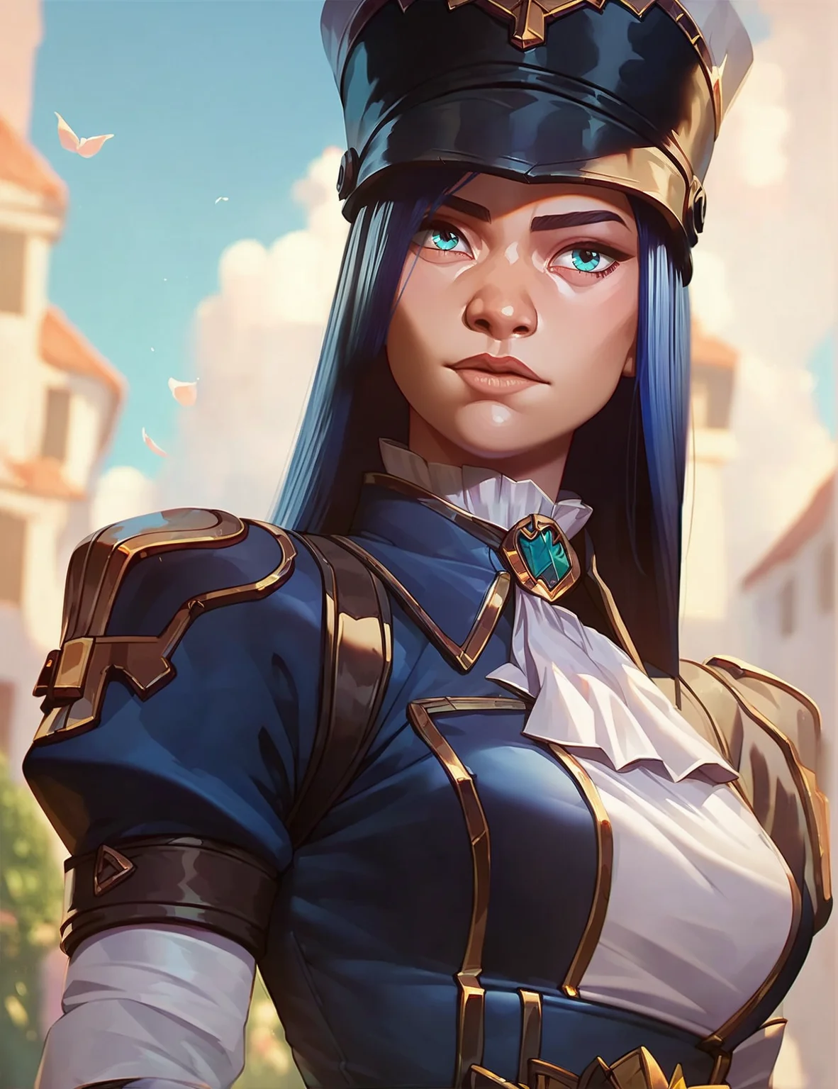 cat_k, <lora:caitlyn:0.7>, 1girl, blue hair, long hair,uniform, cap, sleeves, gloves, looking at viewer, score_9, score_8_up, score_7_up,score_9, score_8_up, score_7_up,