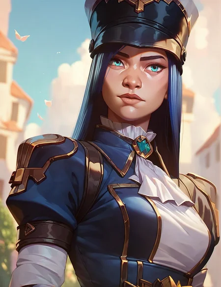 cat_k, <lora:caitlyn:0.7>, 1girl, blue hair, long hair,uniform, cap, sleeves, gloves,  looking at viewer,  score_9, score_8_up, score_7_up,score_9, score_8_up, score_7_up,