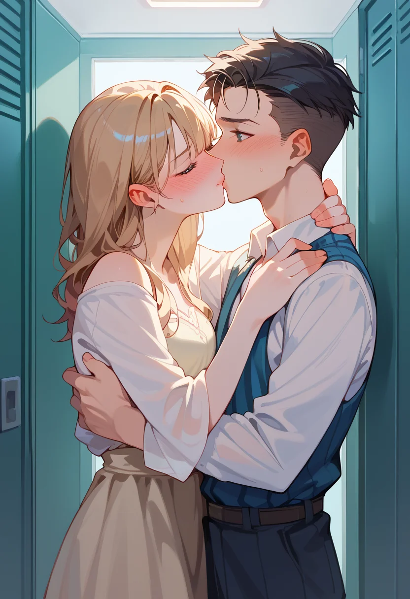 score_9, score_8_up, score_7_up, best quality, masterpiece, source_anime, zPDXL2, BREAK 1girl, 1boy blush, embarrassed, kiss ,transparent locker <lora:inside_of_locker_r1:1>