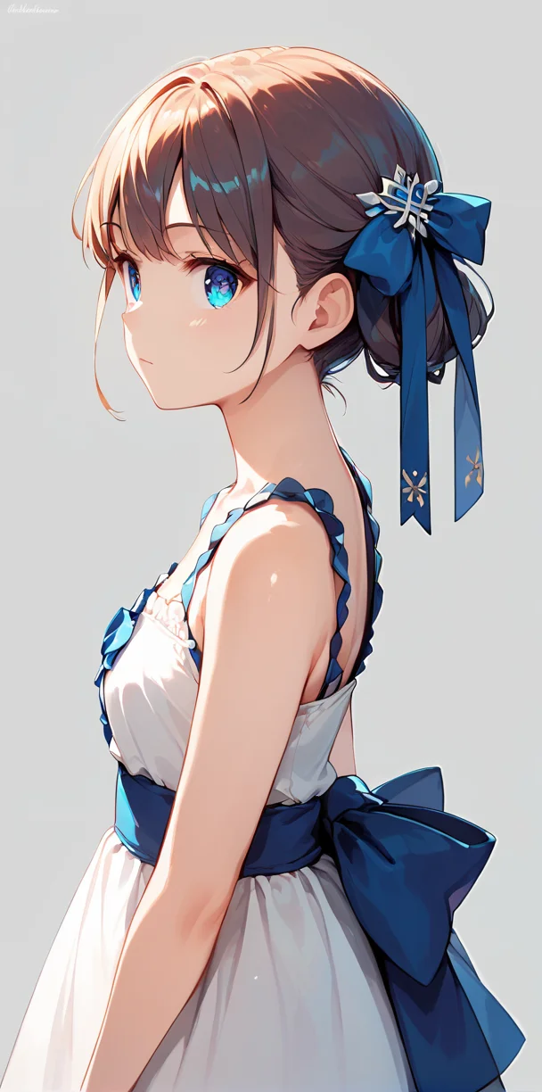 score_9, score_8_up, score_7_up,source_anime, high res image,masterpiece,best quality,girl,cute face,clear skin,shiny hair,ultra detailed eyes,simple background, <lora:hair ribbon_pony_V1.0:0.6> hair ribbon,from side,dress