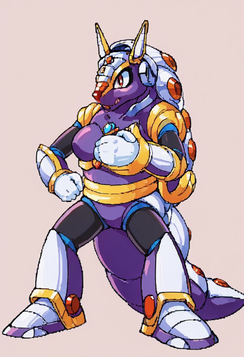 score_9, score_8_up, score_7_up, score_6_up, score_5_up, source_furry, armored armadillo, mmx, purple + gold armor, armadillo, metallic, robot animal, shell, red nose, armadillo ears, genderswap, 1girl, female, adult, breast, solo