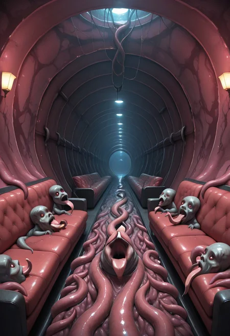 masterpiece, absurdres, best quality, amazing quality, ultra-detailed, newest, extremely detailed, very aesthetic, 
ultra detailed, intricate detail, ultra sharp, 
exquisite detail, exciting background, 
horror, 
BREAK, 
empty tunnel, (no human:1.3), 
couch, tv, light stand, 
tunnel, sewer tunnel, reflection, creepy, dark, dirty, 
monster_wall, tentacles, grey monster, multiple monsters, tentacle pit, licking, tongue, interspecies,