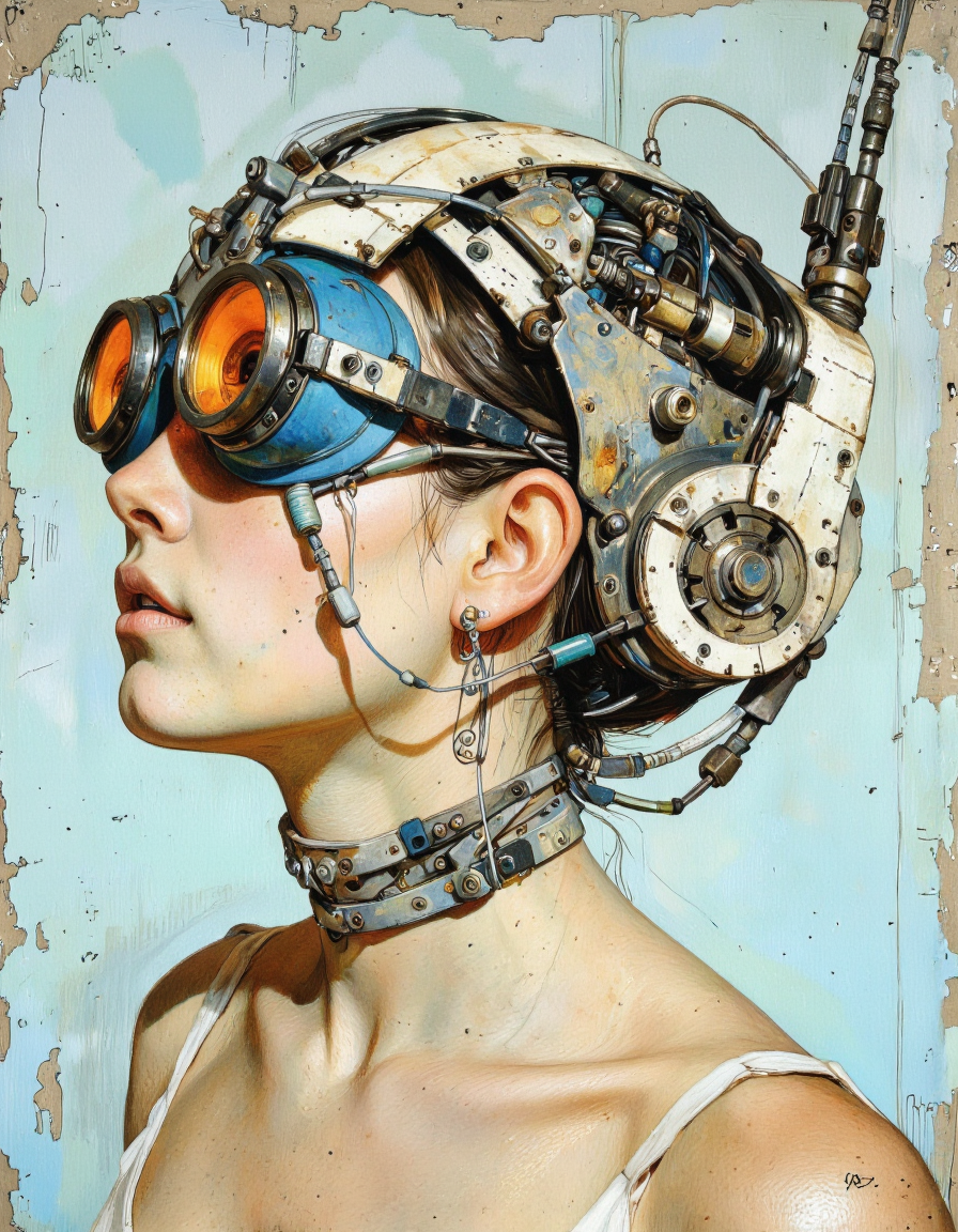 By theaicolab. A digital illustration shoot from a profile camera angle about a futuristic humanoid robot head with intricate mechanical details and glowing orange goggles. the image also shows a close-up of a woman's face, with her upper body facing the viewer. on the middle of the image, a woman appears to be in her mid-twenties, with light skin, closed mouth, and parted lips. she is wearing a pair of blue, metallic goggles with orange lenses, which are part of her head. the goggles are surrounded by various mechanical components and wires, giving the image a futuristic and cyberpunk aesthetic. the background is a textured, light blue color with a grungy texture, and the overall effect is one of intricate details and technology. <lora:The_AI_Colab:1>