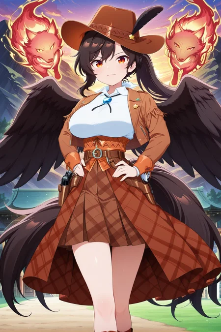 absurdres, highres, masterpiece, best quality, amazing quality, official anime artwork, screencap, anime screencap, outdoors, looking at viewer, light smile, dynamic pose, standing,
<lora:Saki-Kurokoma_Illustrious:1> kurokoma saki, 1girl, solo, orange eyes, black hair, long hair, ponytail, large breasts, black wings, pegasus wings, horse tail,, kurokoma saki \(famed horse's harmony\), alternate costume, brown headwear, hat feather, brown jacket, open jacket, long sleeves, white shirt, plaid skirt, brown skirt, belt, sheriff belt, brown socks, boots, blue necklace, holster, gun, wolf spirit (touhou),