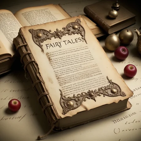 ancient book with text:"Fairy tales" <lora:text:.7>
