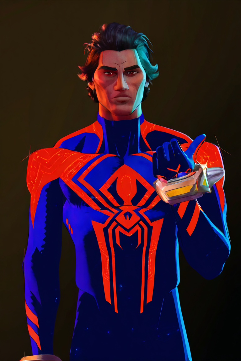 masterpiece, best quality, highres, newest, miguelohara, sm2099moh, 1boy, solo, male focus, mature male, short hair, brown hair, red eyes, dark skin, dark-skinned male, thick eyebrows, print bodysuit, red bodysuit, blue bodysuit, two-tone bodysuit, looking at viewer, standing, cowboy shot, simple background, dark background <lora:Spider-Man 2099 (Miguel O Hara) v1.0 Updated [LoRA] - NoobAI-XL EPS 1.0:0.8>