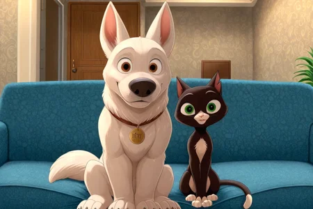 masterpiece, best quality, amazing quality, very aesthetic, high resolution, absurdres, newest, lonbluewolf BREAK m1ttens, b0lt, cat, dog, couple, looking at viewer, happy, smile, side-by-side, sitting, on couch, indoors, living room