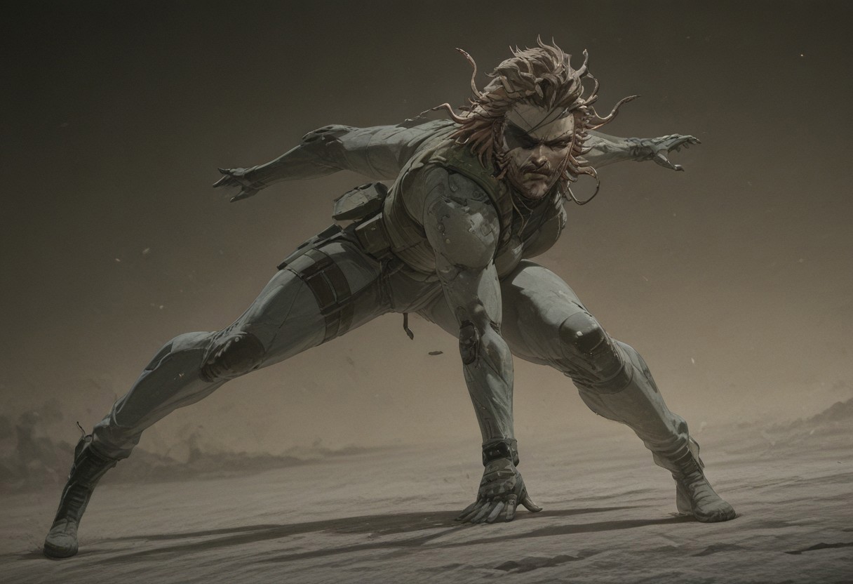 snake_hair, Score_9, score_8_up, score_7_up, 8k, masterpiece, uhd,8k textures,illustriousanime, ultradetailed, award-winning work, absurdres, very aesthetic quality,full body, dynamic pose, dynamic angles, combat, dutch angle, gunshot, enemies:1.2, snake's fighting enemies:1.2,
Solid snake, beard, eyepatch, snake_hair, worm on a string hair, fluffy, multicolored hair, snake,yoji_shinkawa,anime, cyberpunk