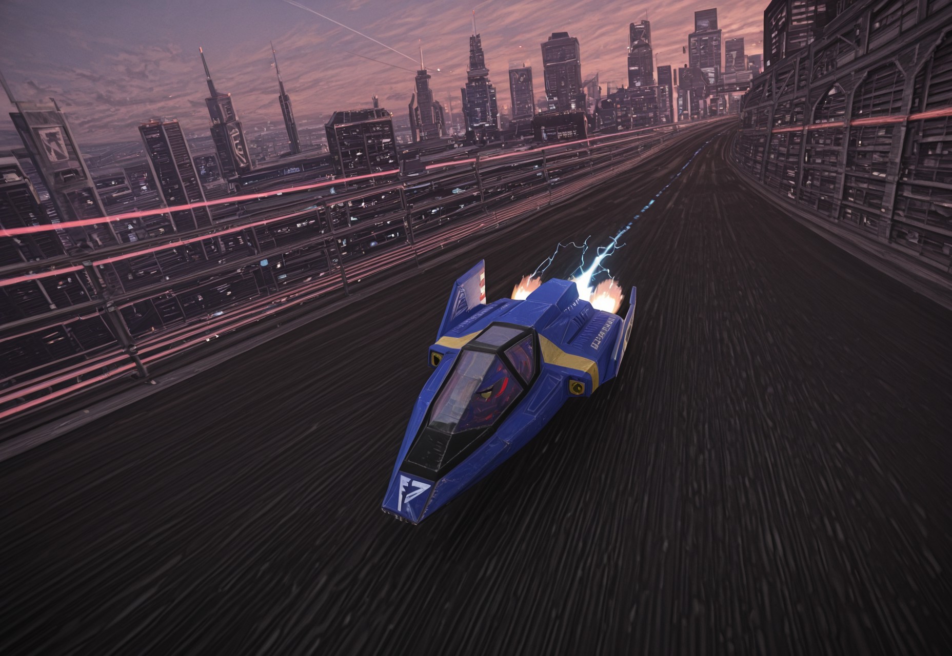 score_9, score_8_up, score_7_up, score_6_up, masterpiece, best quality, absurdres, (f-zero:2.0), blue_falcon, fire_stingray, electricity, thrusters, contrail, no humans, science fiction, future, race, scifi city, blade runner, finish line, text "07", motion blur