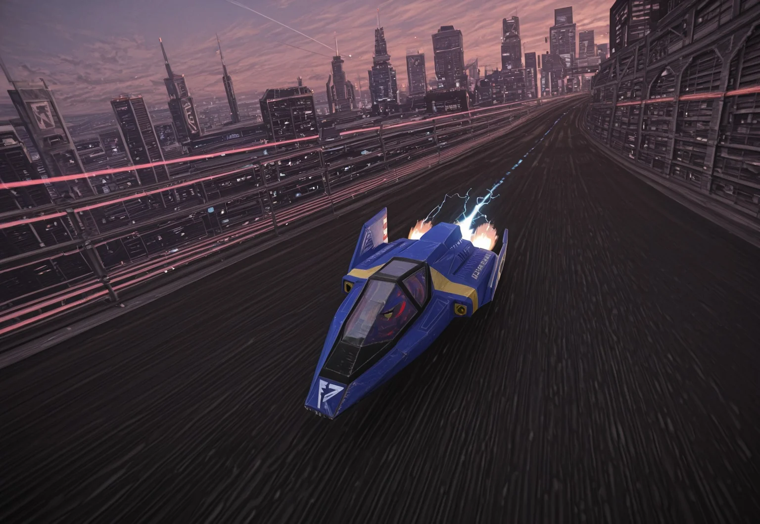 score_9, score_8_up, score_7_up, score_6_up, masterpiece, best quality, absurdres, (f-zero:2.0), blue_falcon, fire_stingray, electricity, thrusters, contrail, no humans, science fiction, future, race, scifi city, blade runner, finish line, text "07", motion blur
