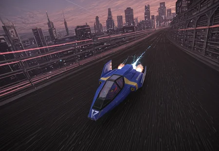 score_9, score_8_up, score_7_up, score_6_up, masterpiece, best quality, absurdres, (f-zero:2.0), blue_falcon, fire_stingray, electricity, thrusters, contrail, no humans, science fiction, future, race, scifi city, blade runner, finish line, text "07", motion blur