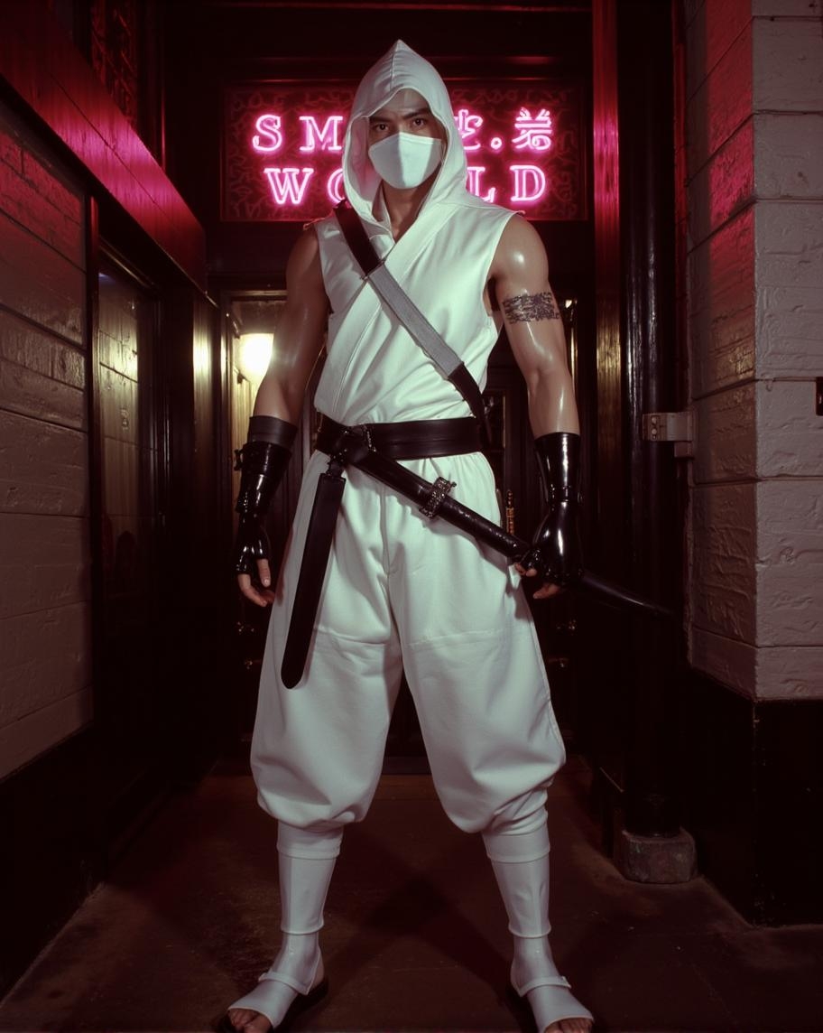 <lora:LORAS.safetensors:1> SYDNEYWORLD
In a softly lit, vintage noir setting, a life-size statue of a ninja warrior stands in a commanding pose, legs slightly apart, exuding an air of readiness and strength. The overall attire is predominantly white, a stark and pure hue that underscores the martial arts theme. The ninja wears a form-fitting, sleeveless white tunic that reaches just below the waist, layered over snug white pants, which tuck neatly into traditional-style shin guards and sandals, maintaining the monochromatic elegance.
The ninja's face is almost entirely obscured by a white mask that covers the lower half, leaving only sharp, intense eyes visible. These eyes, rendered with a natural, lifelike hue, contribute to an air of mystery and vigilance. A white hood completes the stealthy look, draping gracefully over the shoulders. The arms are prominently muscled, with the skin tone smooth and natural, adding a touch of realism. The right arm is adorned with detailed textures, suggesting bandages or armor, which catch the light and cast subtle shadows, enhancing the depth and realism.
A black sash, tightly wrapped around the waist, holds a katana, the hilt of which is visible on the left side. The katana's scabbard and hilt are rendered in a glossy black, providing a stark and elegant contrast to the otherwise white attire. Black leather gloves complete the ensemble, adding an element of toughness and refinement. The smooth, reflective surfaces of the leather and the glossy scabbard interact with the ambient neon lighting, casting highlights and subtle shadows that accentuate the contours and depth of the figure.
The statue stands against a minimally detailed background, with ambient neon lighting that glows softly, creating a warm, retro-inspired color palette dominated by warm sepia browns, dense blacks, and neon accents of pink or red. The lighting is soft yet dramatic, casting highlights and subtle shadows that bring out the musculature and textures of the figure, giving it a dynamic and lifelike presence. The ambient neon lights add an element of sultry mystery, blending nostalgia with modern luxurious undertones and centering all attention on the finely rendered details of the ninja warrior.