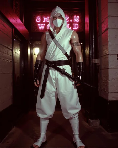 <lora:LORAS.safetensors:1> SYDNEYWORLD
In a softly lit, vintage noir setting, a life-size statue of a ninja warrior stands in a commanding pose, legs slightly apart, exuding an air of readiness and strength. The overall attire is predominantly white, a stark and pure hue that underscores the martial arts theme. The ninja wears a form-fitting, sleeveless white tunic that reaches just below the waist, layered over snug white pants, which tuck neatly into traditional-style shin guards and sandals, maintaining the monochromatic elegance.
The ninja's face is almost entirely obscured by a white mask that covers the lower half, leaving only sharp, intense eyes visible. These eyes, rendered with a natural, lifelike hue, contribute to an air of mystery and vigilance. A white hood completes the stealthy look, draping gracefully over the shoulders. The arms are prominently muscled, with the skin tone smooth and natural, adding a touch of realism. The right arm is adorned with detailed textures, suggesting bandages or armor, which catch the light and cast subtle shadows, enhancing the depth and realism.
A black sash, tightly wrapped around the waist, holds a katana, the hilt of which is visible on the left side. The katana's scabbard and hilt are rendered in a glossy black, providing a stark and elegant contrast to the otherwise white attire. Black leather gloves complete the ensemble, adding an element of toughness and refinement. The smooth, reflective surfaces of the leather and the glossy scabbard interact with the ambient neon lighting, casting highlights and subtle shadows that accentuate the contours and depth of the figure.
The statue stands against a minimally detailed background, with ambient neon lighting that glows softly, creating a warm, retro-inspired color palette dominated by warm sepia browns, dense blacks, and neon accents of pink or red. The lighting is soft yet dramatic, casting highlights and subtle shadows that bring out the musculature and textures of the figure, giving it a dynamic and lifelike presence. The ambient neon lights add an element of sultry mystery, blending nostalgia with modern luxurious undertones and centering all attention on the finely rendered details of the ninja warrior.