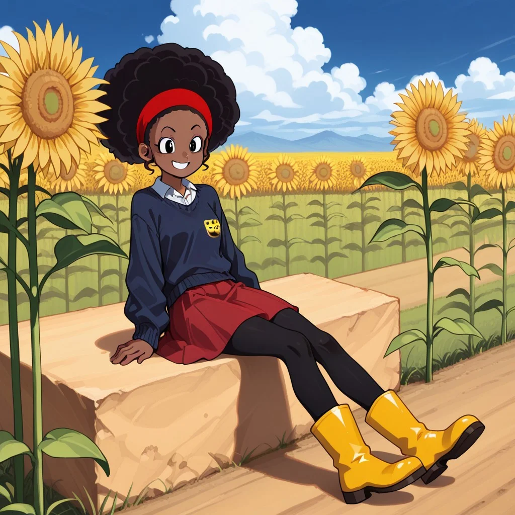 Rulah,1girl,Dark skin,afro hair,red headband,white shirt,dark blue sweater,red skirt with black lines,black leggings,yellow boots
Rulah sitting sideways in a field of sunflowers while smiling. Blue sky, cloudy sky. Sun illuminating the environment.