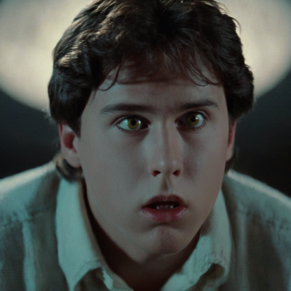 Horror-themed,  <lora:Fright Night 1985 Film Style:1>
Cinematic low angle Closeup Shot, Film Footage captured by Panavision Cameras and Lenses, Charley Brewster a young man staring at something down with wide eyes in the dark with a surprised scared look on his sweaty face Fright Night 1985 Film Style, Eerie, unsettling, dark, spooky, suspenseful, grim, highly detailed