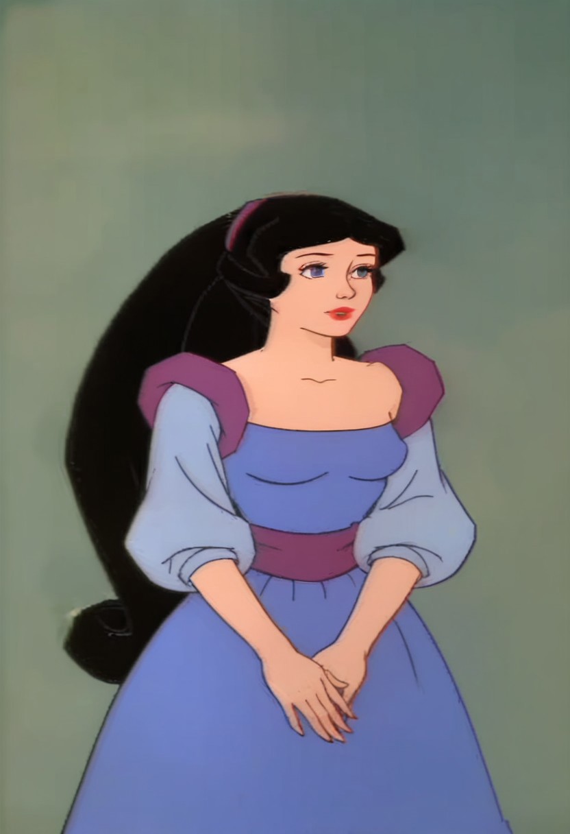 score_9_up, score_8_up, score_7_up, 1980s (style), retro artstyle, source_cartoon, rating_safe, solo 
HEASnowWhite, 1girl, black hair, long hair, very long hair, ponytail, hairband, blue eyes, red lips, lipstick, breasts, long sleeves, puffy sleeves, dress, blue dress, purple dress,