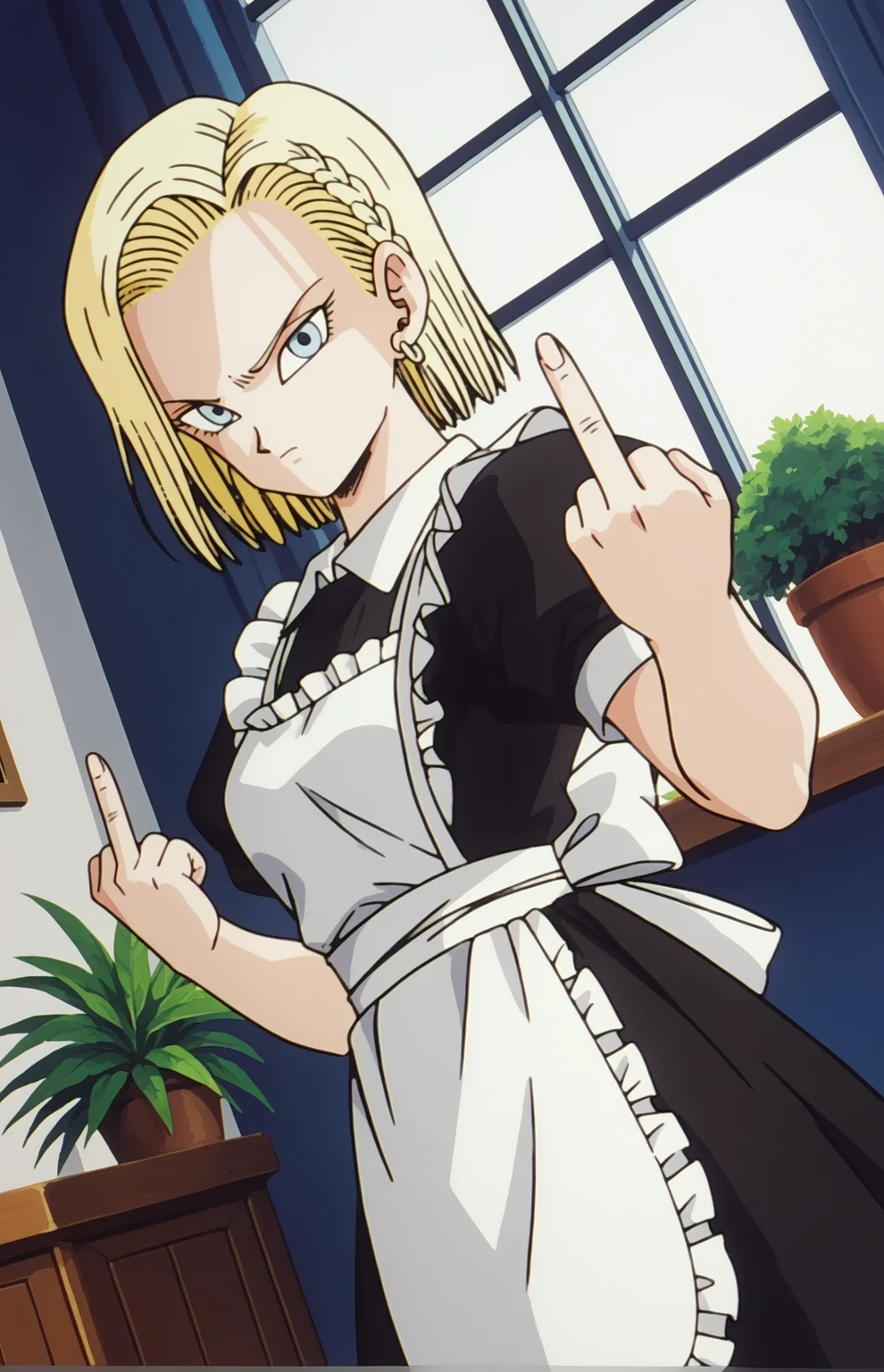 score_9, score_8_up, score_7_up, score_6_up, score_5_up, score_4_up, BREAK source_anime, 1girl, clothed, saber alter, indoors, potted plant, window, sunlight,, looking at viewer, serious, dutch angle, maid uniform, braid, double middle finger, <lora:cyborgc18dbz1XL_Pony_v1:1> cyborgc18dbz, 1girl, blonde hair, blue eyes, short hair, earrings
