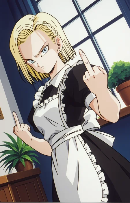 score_9, score_8_up, score_7_up, score_6_up, score_5_up, score_4_up, BREAK source_anime, 1girl, clothed, saber alter, indoors, potted plant, window, sunlight,, looking at viewer, serious, dutch angle, maid uniform, braid, double middle finger, <lora:cyborgc18dbz1XL_Pony_v1:1> cyborgc18dbz, 1girl, blonde hair, blue eyes, short hair, earrings