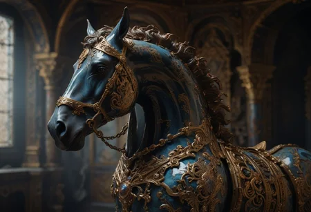 (Crafted Ceramic of a horse), gold filigree, cybernetic enhancements, machinery, rusty steel armor, triadic colors, stunning background. dark and moody, a mesmerizing blend of light and shadow. masterpiece, absurdres, intricate details <lora:TQCeramicStyle:0.9> Rembrandt lightning