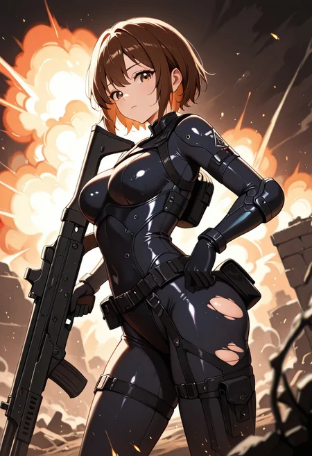 masterpiece, best quality, good quality, very aesthetic, absurdres, newest, 8K, depth of field, in the style of cknc, artist:moriimee, in the style of cksc,
1girl, short brown hair, cropped, hazel eyes, medium breasts, perky, armored bodysuit, glossy skin, reloading rifle, looking at viewer, from side
BREAK
war-torn battlefield, explosions, smoke rising
BREAK
dynamic light, earthy tones, high contrast, gritty texture, rich details, intense vibe
