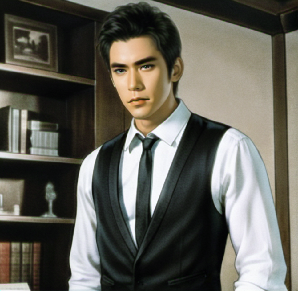 The image shows a man in a white shirt and black vest standing in front of a bookshelf filled with books. He has a serious expression on his face and his hair is neatly combed. He is wearing a black vest over a white collared shirt and a black tie. The bookshelves behind him are filled with a variety of books of different sizes and colors. <lora:å°è¯´ç«ç»-000009:0.8>,