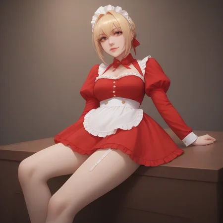 score_9, score_8_up, score_7_up, best quality, masterpiece, source_anime, zPDXL, zPDXL_xxx, BREAK
in  bed room,
solo, outdoor, 1girl, nero_claudius_\(fate/extra\), neromaid, blonde hair,  maid, apron, white thighhighs, dress, maid headdress, lace,   puffy sleeves, frills, cleavage, garter straps, long sleeves,   juliet sleeves, red dress,<lora:ChaldeaMaidv1:0.9>, smile,  happy ,, <lora:add-detail-xl:1> <lora:detail_eyes:0.5>, leggy pose, legs extended, emphasizing length and allure